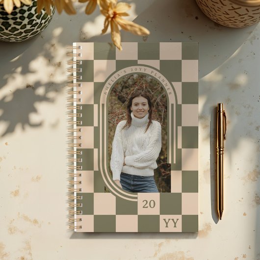 Moderne Retro Groen Geruit Patroon Boog Foto Planner