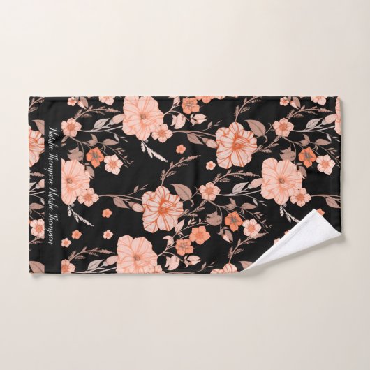 Moderne retro met stijlvol script l Zwart bloemig Bad Handdoek (Handdoek)