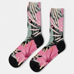 Moderne retro naadloos Tropisch patroon zwart roze Sokken