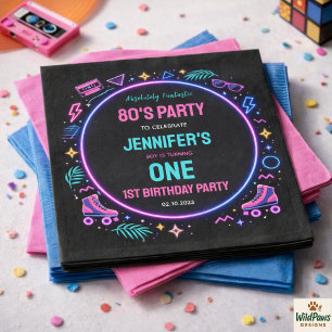 Moderne Retro Neon 80’er 1e Verjaardagsfeestje Servet