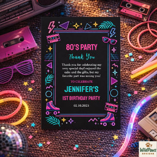 Moderne Retro Neon 80’s 1e Verjaardagsfeestje Bedankkaart