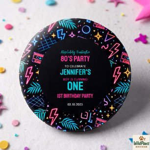 Moderne Retro Neon 80’s 1e Verjaardagsfeestje Ronde Button 3,2 Cm