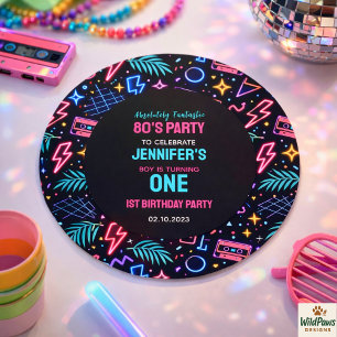 Moderne Retro Neon 80’s 1e Verjaardagsfeestje Ronde Sticker