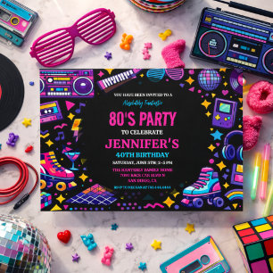 Moderne Retro Neon 80'er Verjaardagsfeest voor Vol Kaart