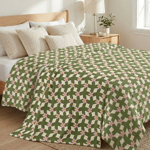 Moderne Retro Olijf & Roze Bloem Grid Dekbed Fleece Deken