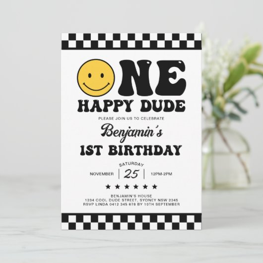 Moderne Retro One Happy Dude Boy Eerste 1e Verjaar Kaart (Staand voorkant)