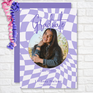 Moderne Retro Paarse & Wit Check Foto Afstuderen Kaart