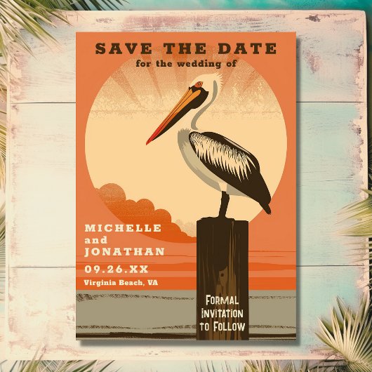 Moderne Retro Pelican Beach bruiloft Save The Date