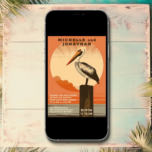 Moderne Retro Pelican Beach bruiloft uitnodiging