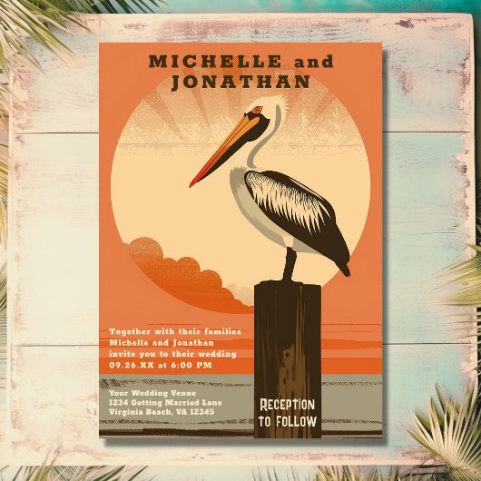 Moderne Retro Pelican Beach Wedding Invitation