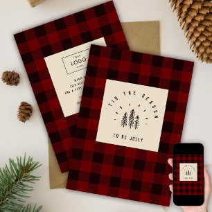 Moderne Retro Plaid  Rode Logo Business Feestdagenkaart