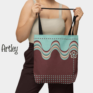 Moderne Retro Rood Blauw Groovy Geometrische Bloem Draagtas