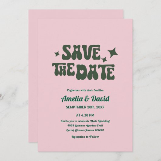 moderne rétro rose super, vert faire-part de maria (Devant / Derrière)