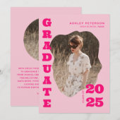 Moderne Retro Roze Typografie Foto Afstuderen Aankondiging (Voorkant / Achterkant)