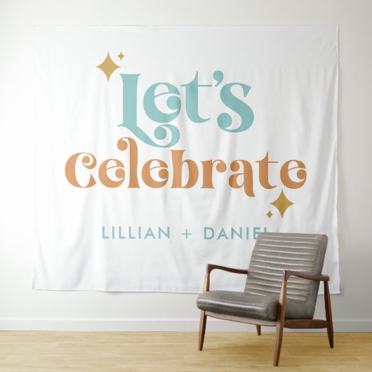 Moderne Retro Sinaasappel en Blauwgroen bruiloft Wandkleed (In Situ (horizontaal))