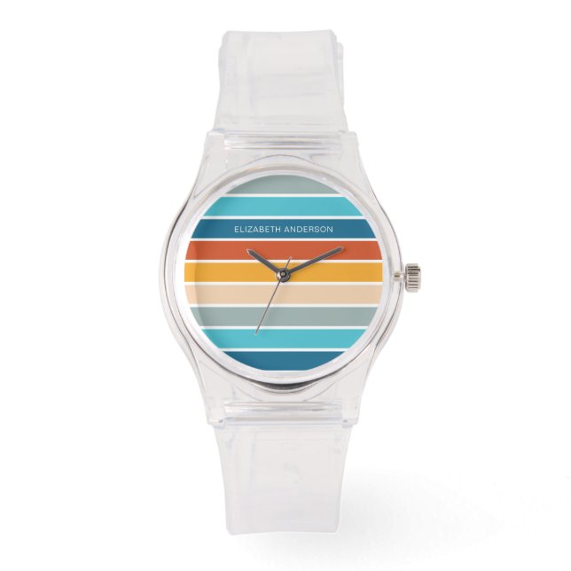 Moderne Retro Sunset Stripes gepersonaliseerd Horloge (Voorkant)