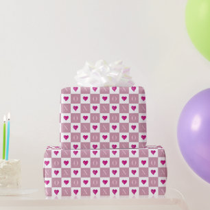 Moderne Retro Valentijnsdag Roze Harten XO Ruitjes Cadeaupapier