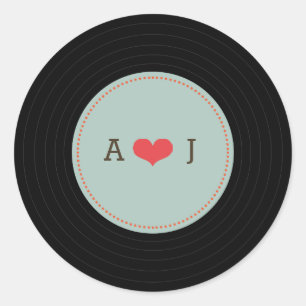 Moderne Retro Vinyl Record Bruiloft Blauwe Envelop Ronde Sticker
