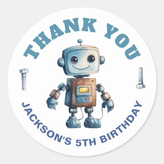 Moderne Robot Dank u Kinderen Verjaardag Ronde Sticker (Voorkant)