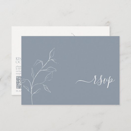 Moderne, robuust blauw script botanische QR-code R RSVP Kaartje (Voorkant / Achterkant)