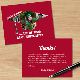 Moderne rode afstudeerdop Vorm Fotocollage Bedankkaart