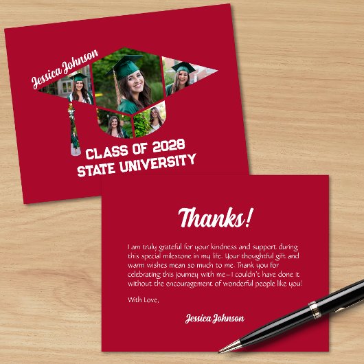 Moderne rode afstudeerdop Vorm Fotocollage Bedankkaart