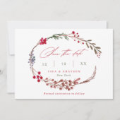 Moderne rode bessen & Script Winter Wedding Save The Date (Voorkant)