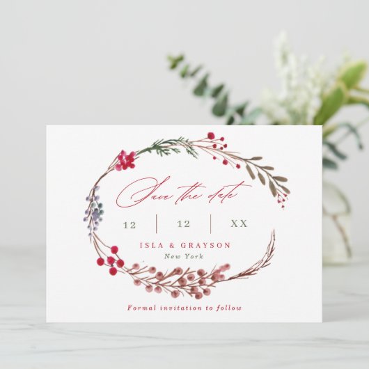 Moderne rode bessen & Script Winter Wedding Save The Date (Staand voorkant)