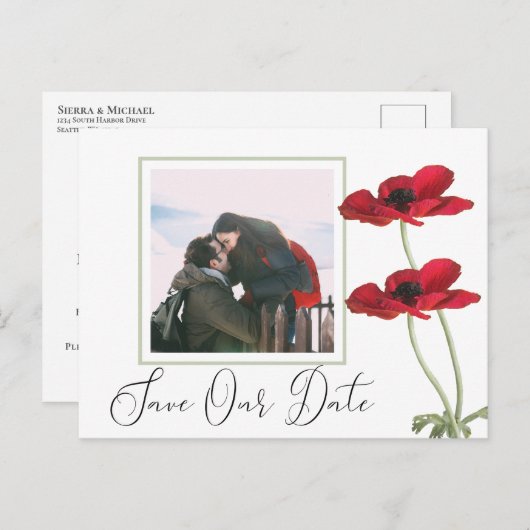 Moderne Rode Bloemen Botanische Bruiloft Save the Aankondigingskaart (Voorkant / Achterkant)