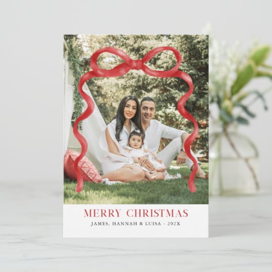 Moderne rode boog vrolijke kerstfoto kaart (Staand voorkant)