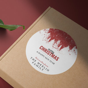 Moderne rode bosbomen Vrolijk kerstfeest Ronde Sticker