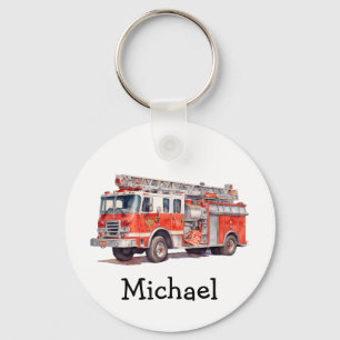 Moderne rode brandweerwagen gepersonaliseerde naam sleutelhanger