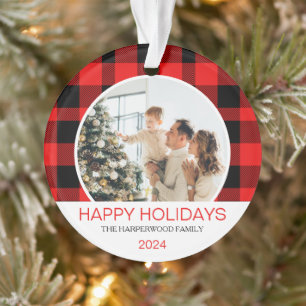 Moderne rode buffel geruite kerst familie foto ornament