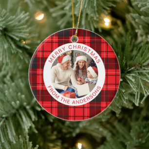 Moderne Rode Buffel Plaid Kerstmis Familie 2 Foto Keramisch Ornament