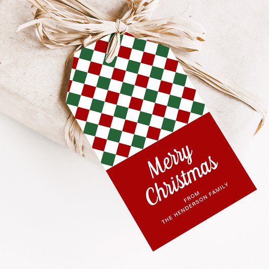 Moderne rode cheques vrolijke kerst cadeaulabel