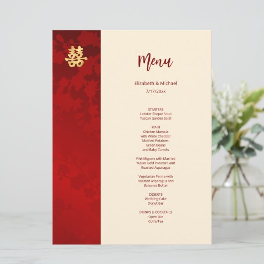 Moderne rode Chinese bruiloft Menu (Staand voorkant)