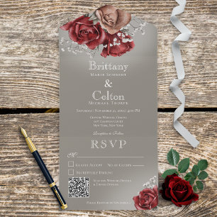 Moderne rode en bruine Rozen Floral Grey QR-code All In One Uitnodiging