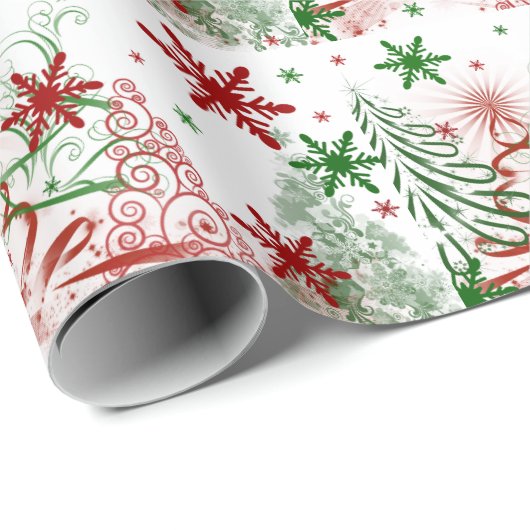 Moderne rode en groene kerstbomen sneeuwvlokken cadeaupapier (Rol Hoek)