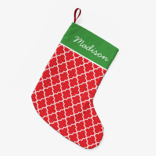 Moderne rode en groene quatrefoil monogram kleine kerstsok
