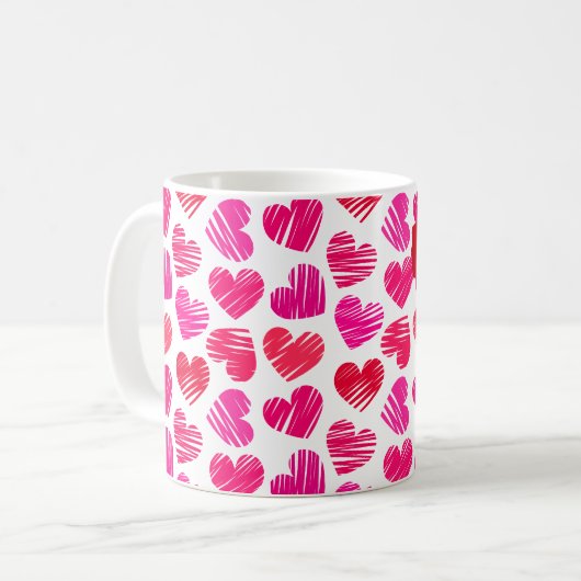 Moderne Rode en Roze Doodled Harten Valentijn Naam Koffiemok (Voorkant links)