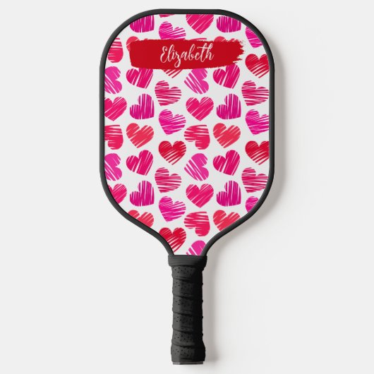 Moderne Rode en Roze Doodled Harten Valentijn Naam Pickleball Paddle (Voorkant)