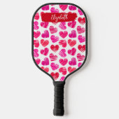 Moderne Rode en Roze Doodled Harten Valentijn Naam Pickleball Paddle (Achterkant)