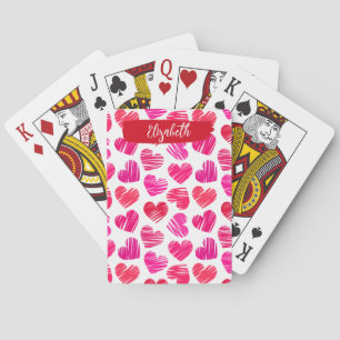 Moderne Rode en Roze Doodled Harten Valentijn Naam Pokerkaarten