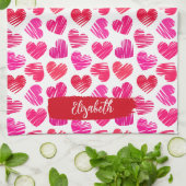 Moderne Rode en Roze Doodled Harten Valentijn Naam Theedoek (Gevouwen)