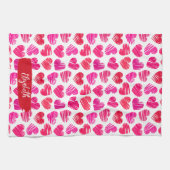 Moderne Rode en Roze Doodled Harten Valentijn Naam Theedoek (Horizontaal)