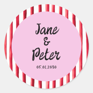 Moderne rode en roze trouwstickers met vette strep ronde sticker