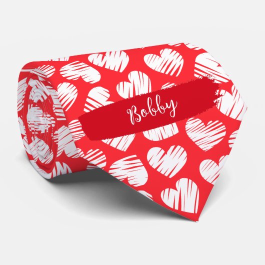 Moderne Rode en Witte Gevlekte Hart Valentijn Naam Stropdas (Opgerold)