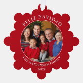 Moderne rode Feliz Navidad foto Ornament Kaart (Voorkant)
