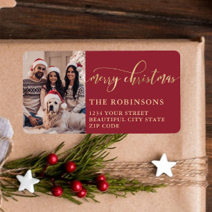 Moderne Rode Gouden Foto Kerst Retouradres Etiket