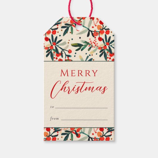 Moderne rode Holly bessen Vrolijk kerstfeest Cadeaulabel (Voorkant)